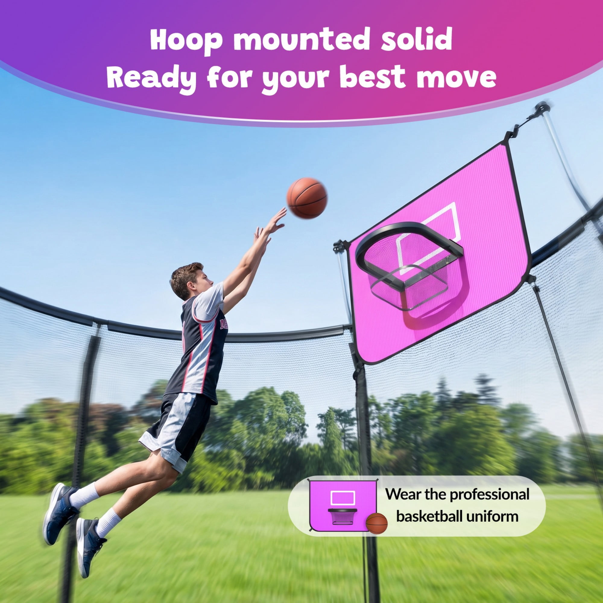 ACWARM HOME 2025 NewTrampoline 14FT Premium Blue Trampoline with Basketball Hoop and LED Lights Recreational Trampolines for Kids and Adults with Net and Ladder