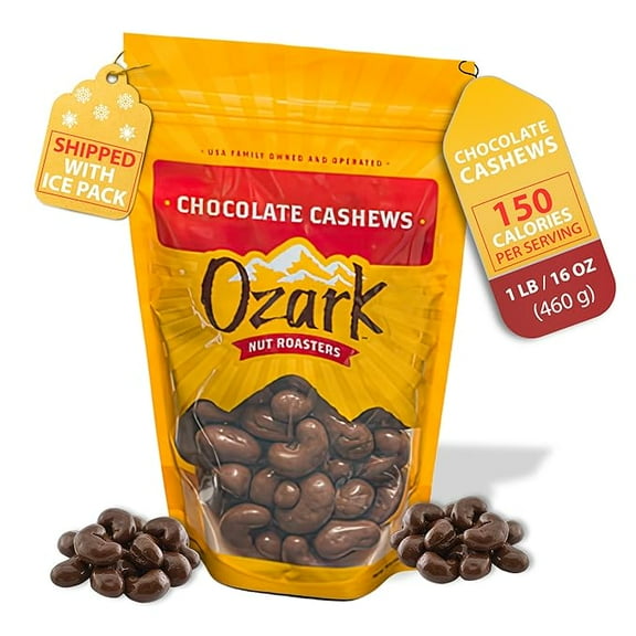 OZARK NUT ROASTERS, Chocolate Covered Cashews, Premium Chocolate Flavored Snacks, World-Class Gourmet Candied Nuts, Resealable Pack (16.0 oz)