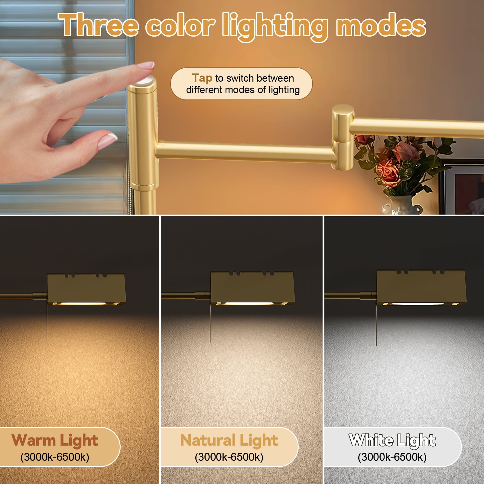 Modern Gold Floor Lamp with 360° Swing Arm, Dimmable LED Standing Lamp for Living Room, 3 Color Temperatures, Adjustable Height 47-55", All-Metal Design