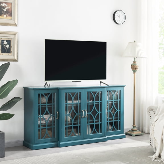 Teal Blue Sideboard Buffet - Construction, 4 Doors, 6 Adjustable Shelves, Easy To Clean Surface Treatment 63" Storage Cabinet In Tv Stand & Sideboard, , Exquisite Hardware Accessories, Removable And