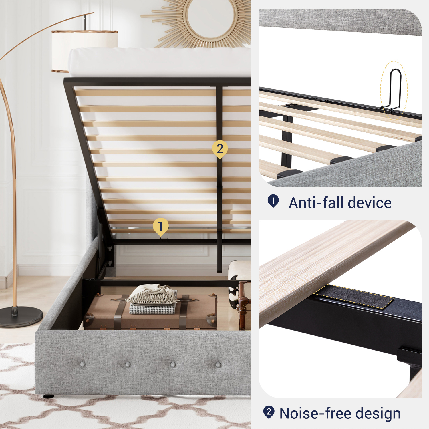 Allewie Queen Size Lift Up Platform Storage Bed Frame with Button Tufted Upholstered Wingback Headboard, Light Gray
