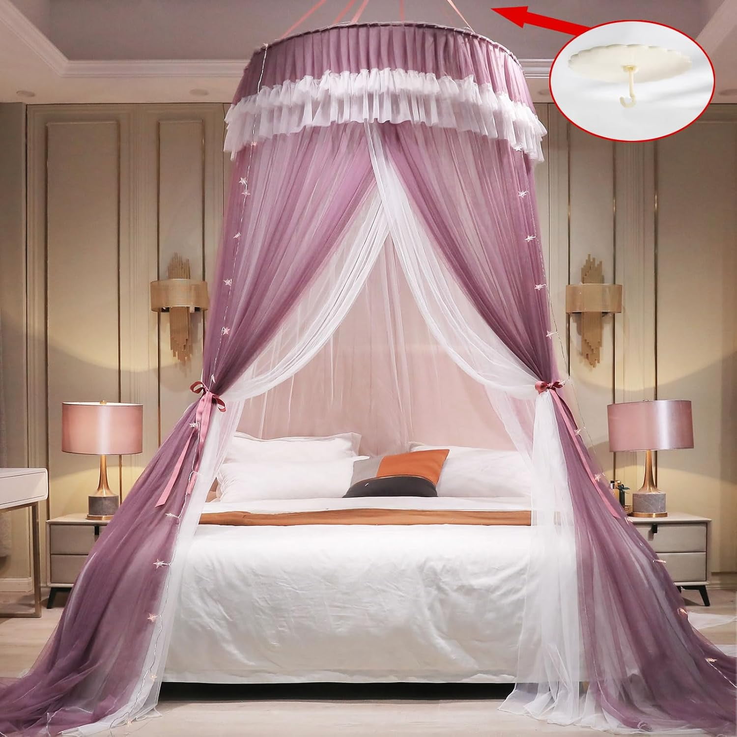 Girls and Adults Canopy Bed, Elegant Double-Layer Bed Curtain, Children's Dream Round Lace Mosquito Net, Princess Canopy Net - Fits Twin, Full, Queen, and King Beds (White/Blue)