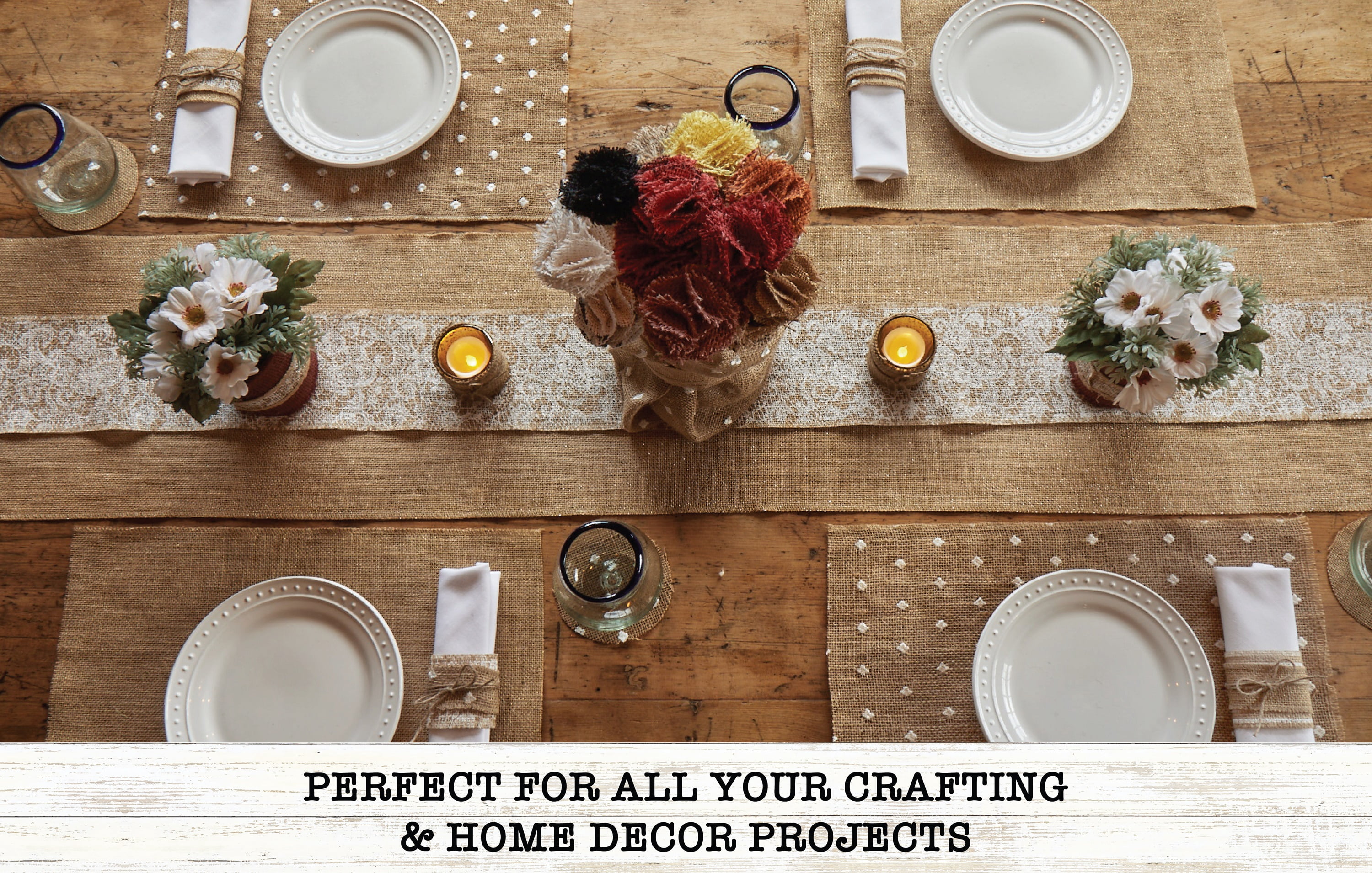 Love, Laugh, Craft Natural Jute Burlap Table Runner Roll, Finished Edges, 12"Wx3-Yds, White Dots