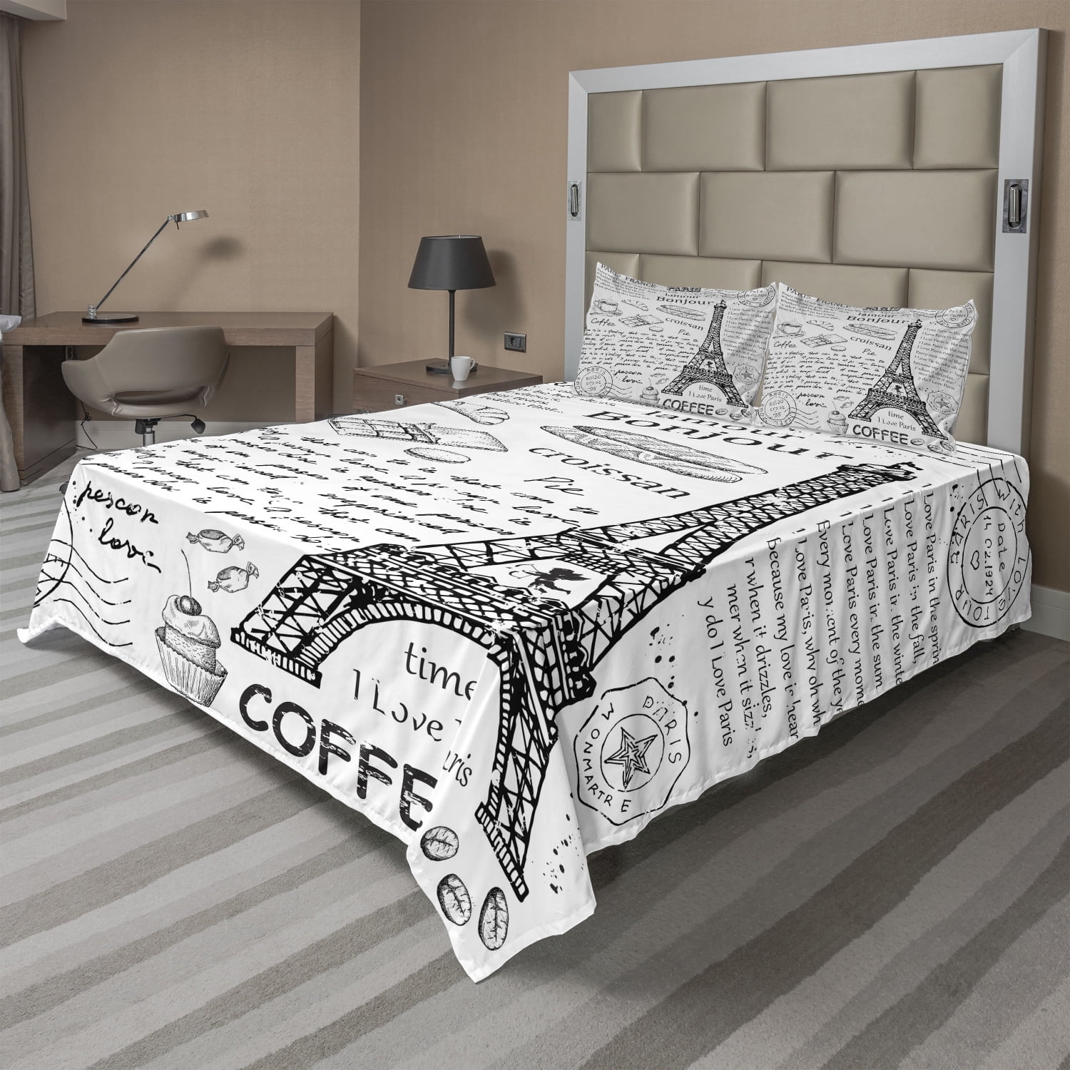 Paris Sheet Set, Traditional Famous Parisian Elements Bonjour Croissan