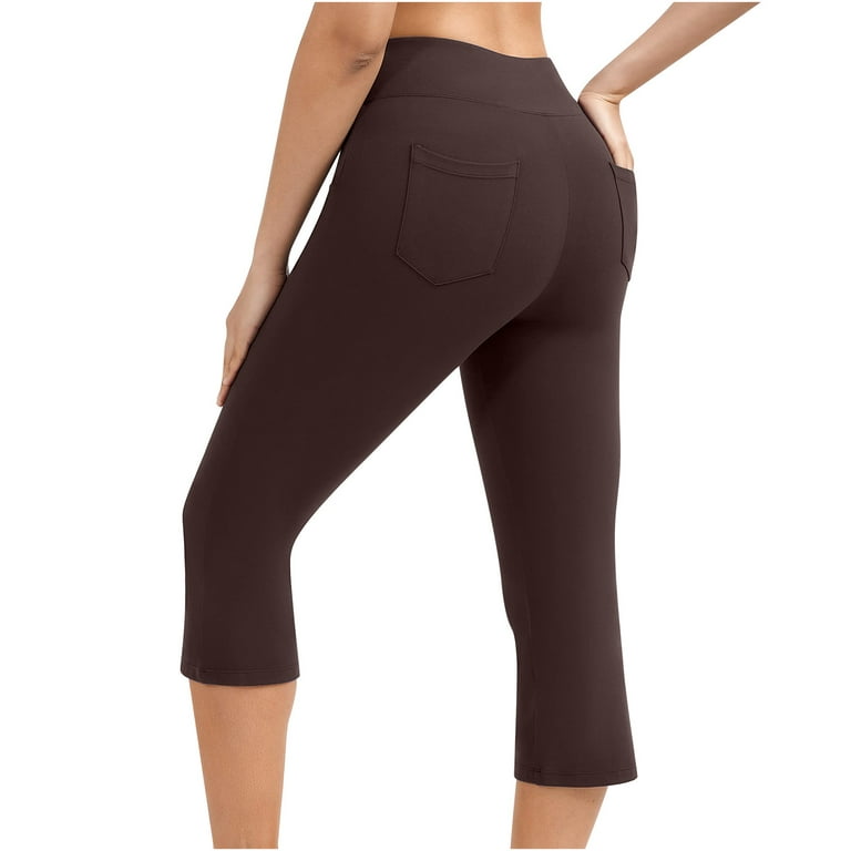 Womens Casual Yoga Capri Pants Solid Elastic Waist Knee Length Leggings  with Pockets Workout Cropped Leg Pant Gym Sports(XL,Brown)