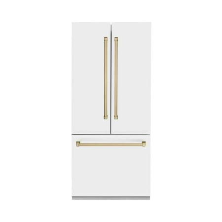 ZLINE RBIVZWM36CB 19.6 Cu. Ft. Counter Depth White Matte with Champagne Bronze Accents 3-Door French Door Refrigerator