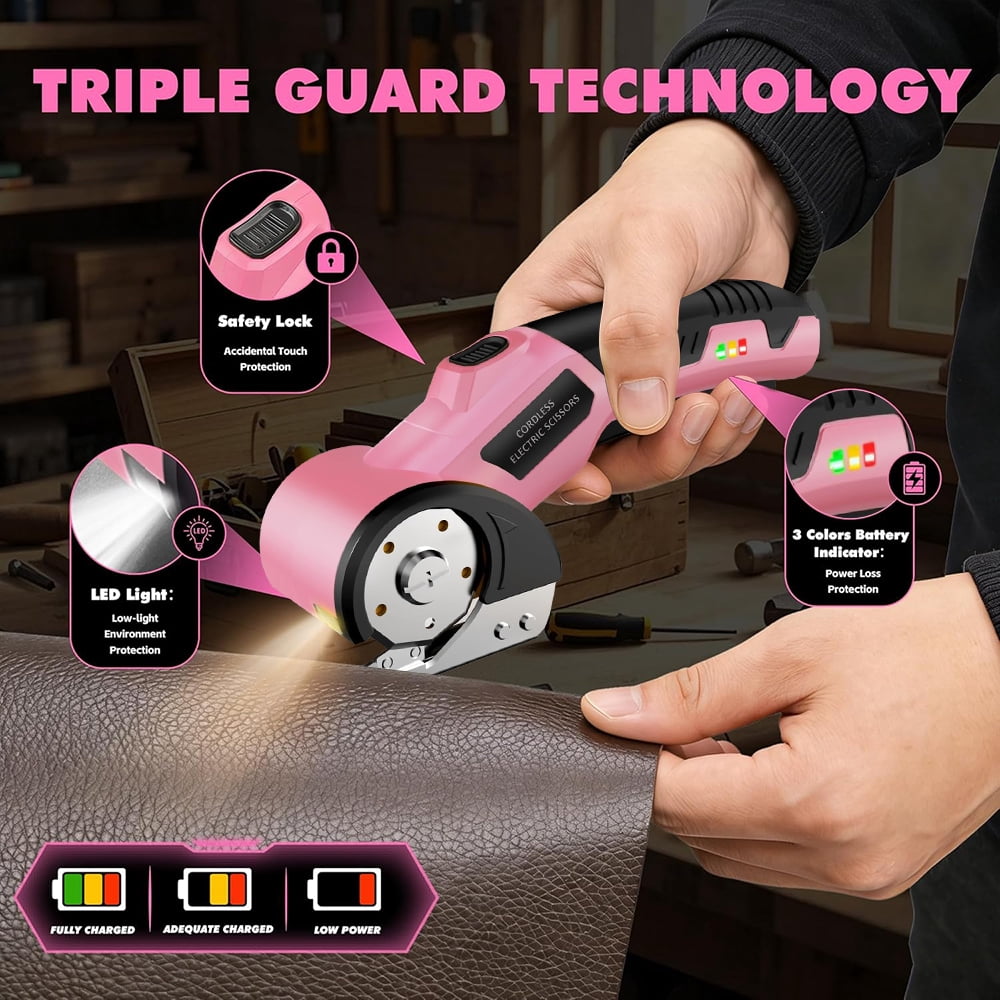 XMZHOU Cordless Electric Scissors Cardboard Box Cutter with LED Light ＆ Safety Lock Power Rotary Cutter for Fabric Carpet Leather, Pink