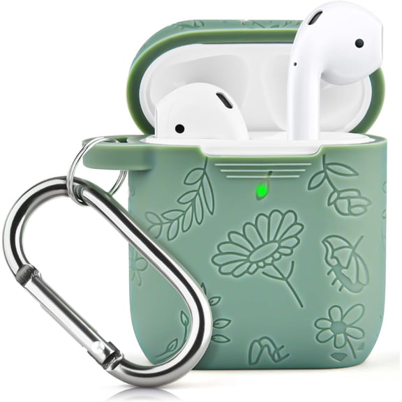 V-MORO Airpods Case, Silicone Flower Engraved Protective Case Cover Apple Airpod 2/1 Skin Cover with Keychain for Women Girls, Cactus Green Flower