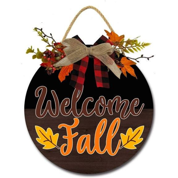 Eveokoki 12" Welcome Fall Door Sign, Fall Wreaths for Front Door, Fall Decoration Wooden Hanging Door Sign Farmhouse Welcome Fall Sign with Ribbon Bow for Autumn Home Wall Porch Decor