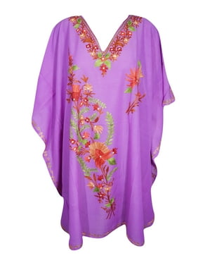 Mogul Womens Purple Floral Caftan Kimono Sleeves Resort Wear One Size