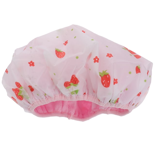 MasteelfCA Double Layers Strawberry Printed Shower Waterproof Bathing Hat Elastic Fast Dry Bath for Bathroom