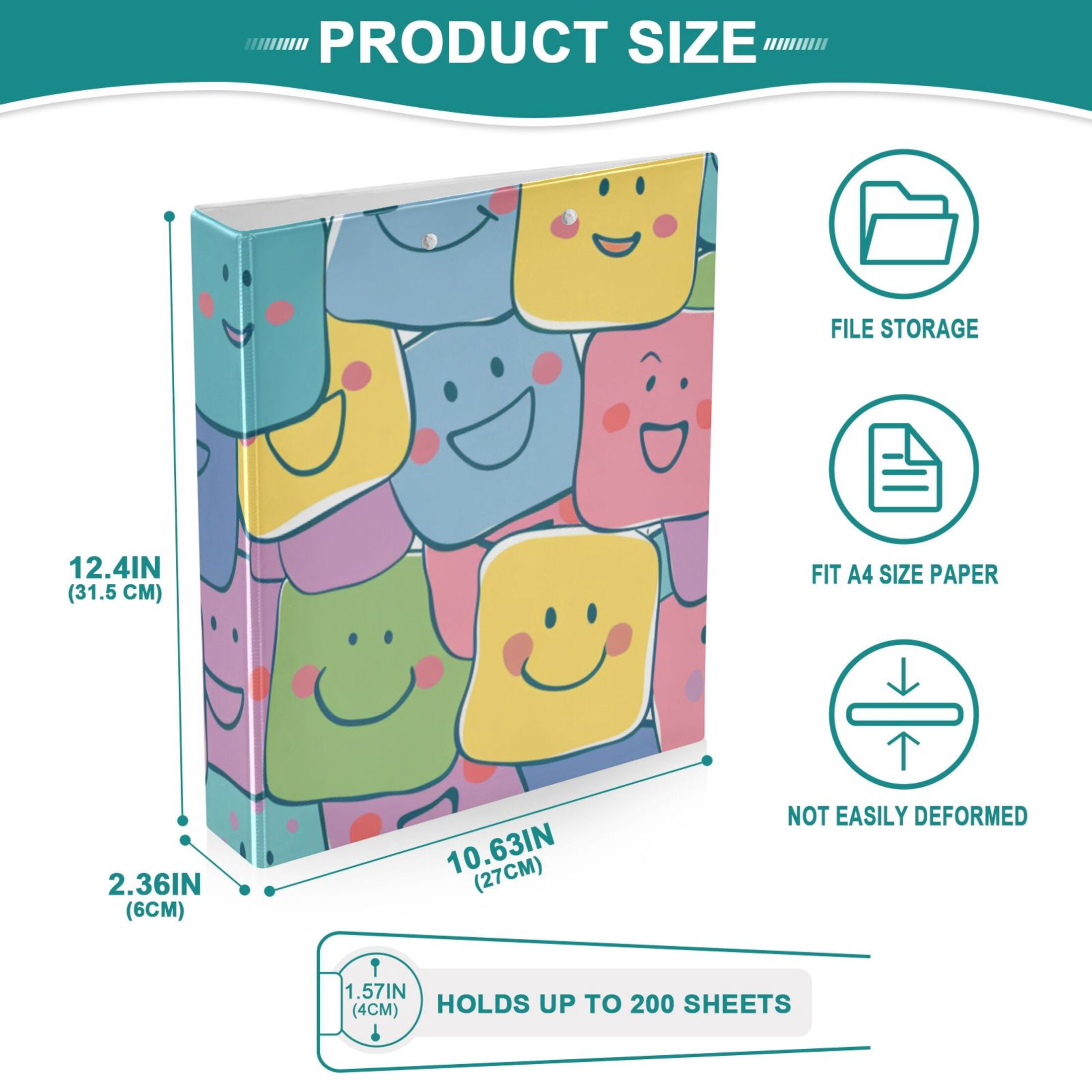 Smiling Faces 3 Ring Binders 1.5 inch Hardcover File Folders with Interior Pockets A4 Size Organizer for School Office Hospital