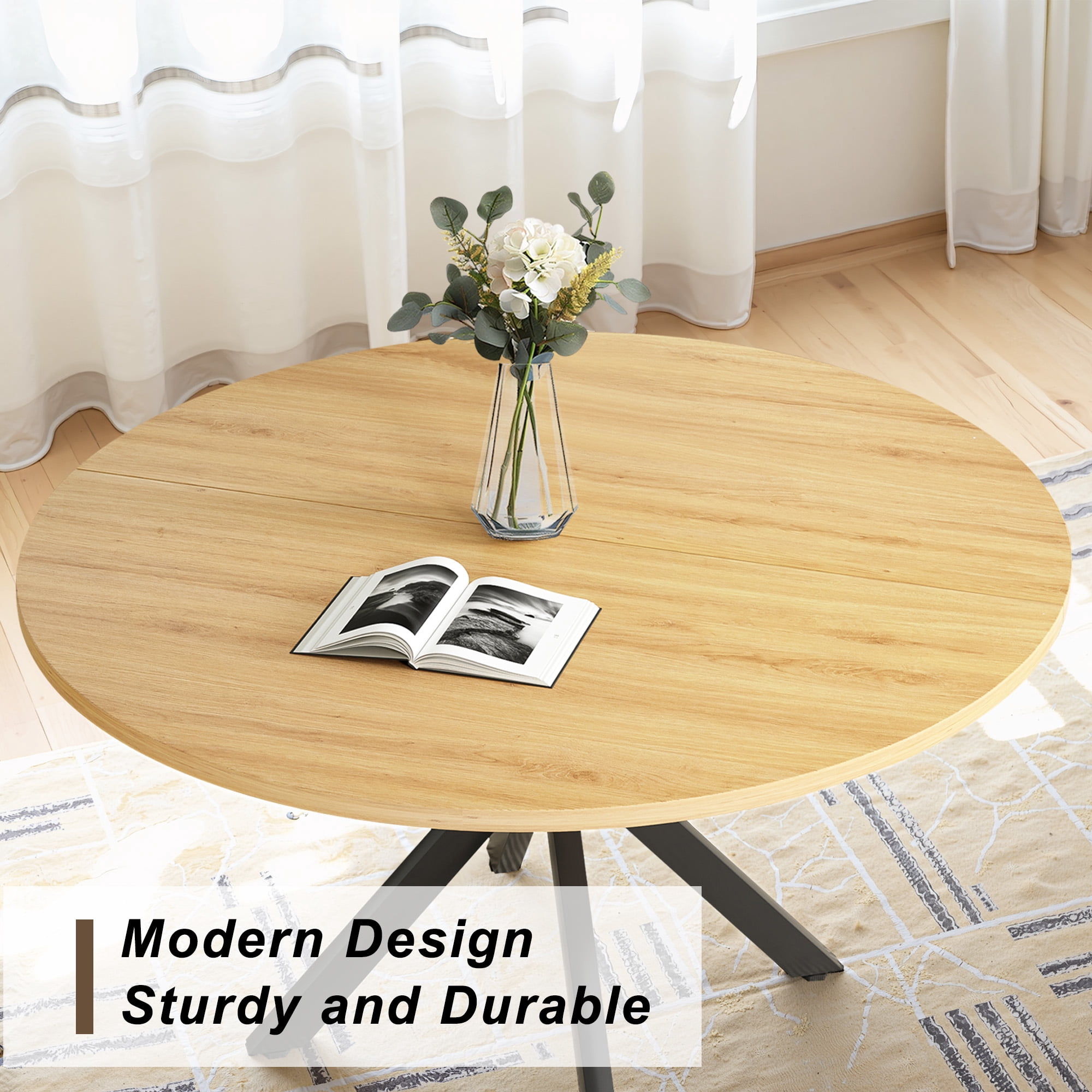 MAYEERTY 47"Round Modern Dining Table Fits 4-6, Farmhouse Style,Metal Frame for Kitchen/Dining Room, Nature