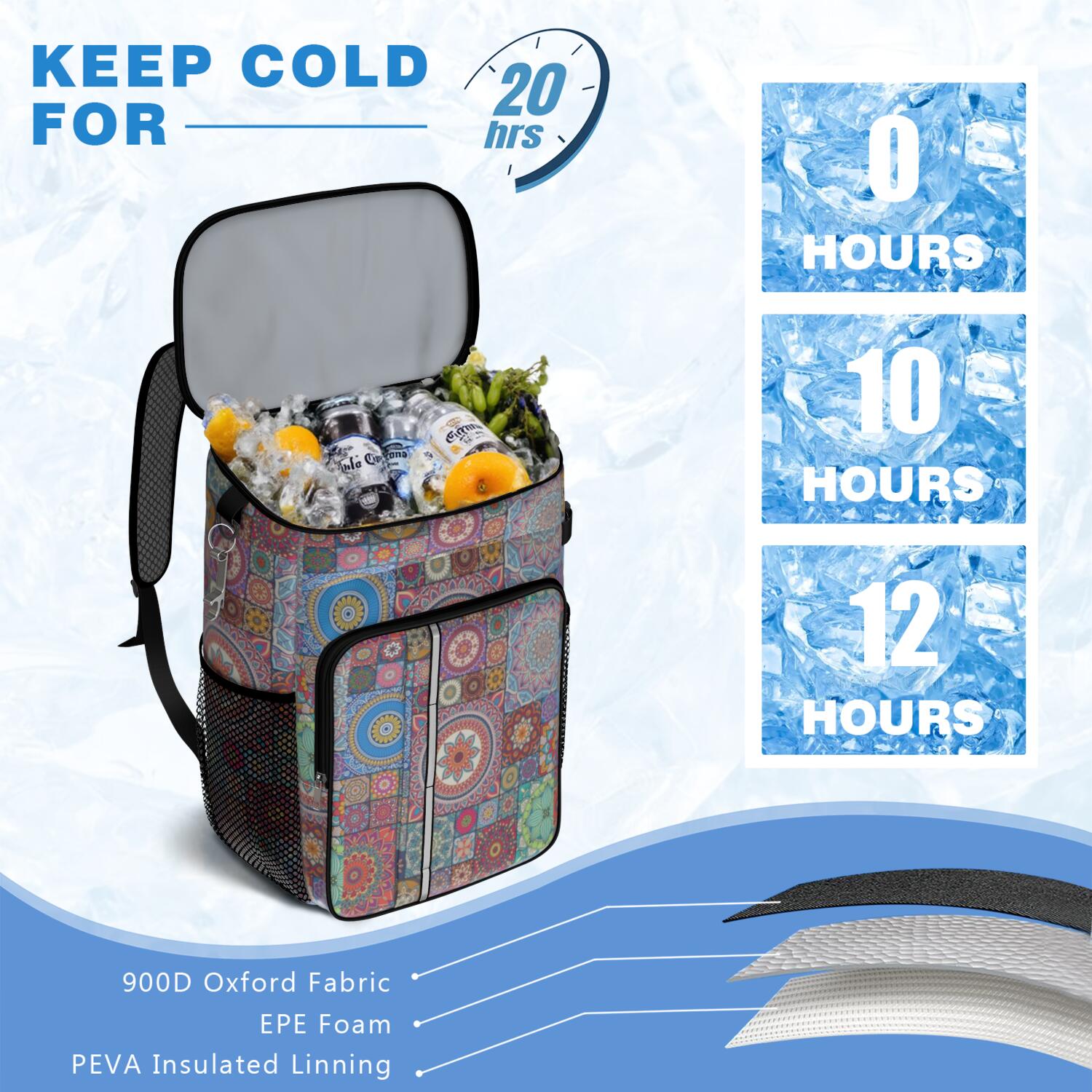 Travel Cooler Bag - Boho Bohemia Flower Camping Beer Cooler Backpack with Bottle Opener- Waterproof Insulated Picnic Backpacks - Cooler Bag for Beach