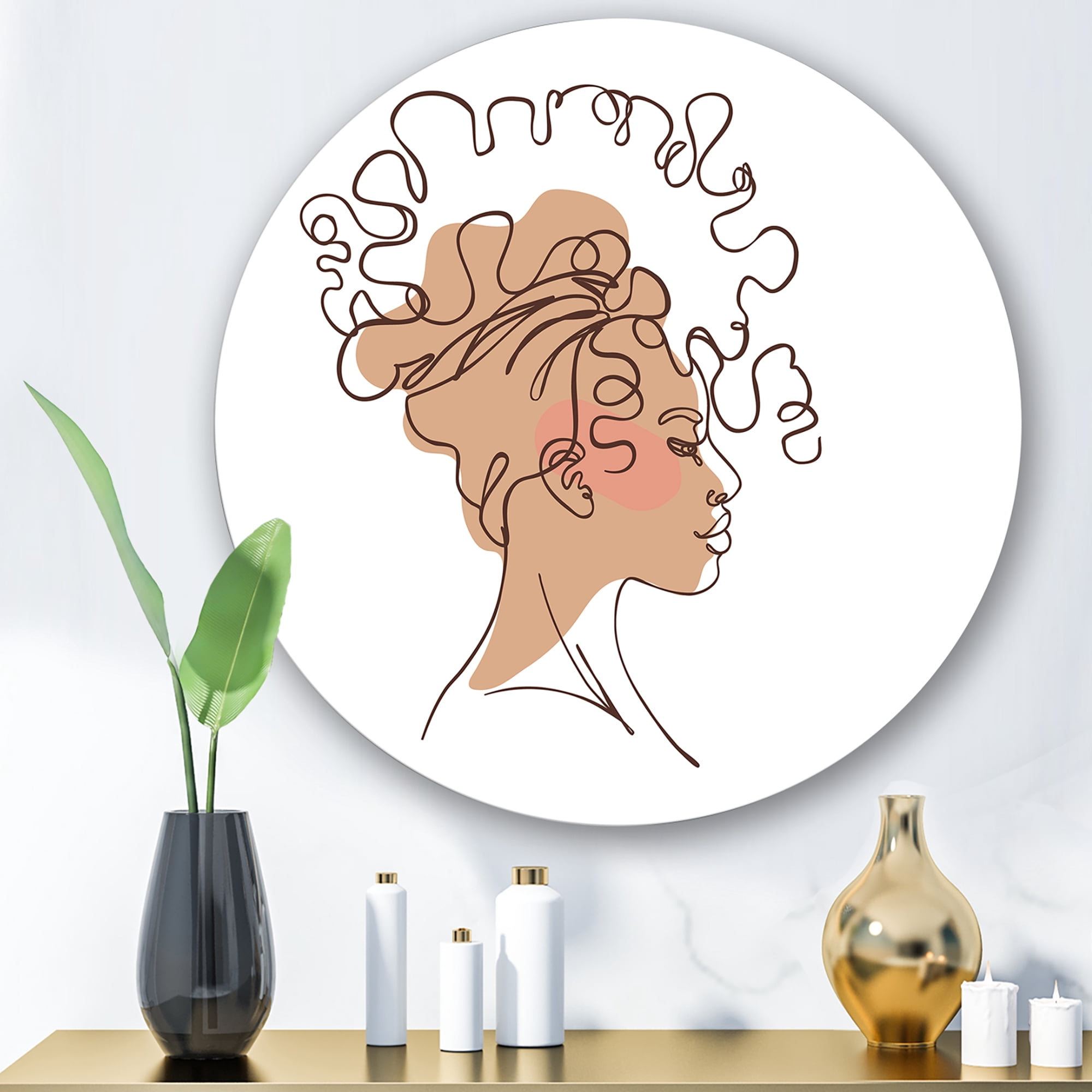 Designart 'One Line Portrait of Afro American Woman I' Modern Circle Metal Wall Art 11x11 - Disc of 11