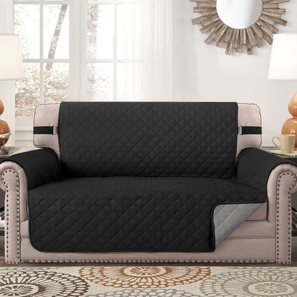 SHANNA Sofa Covers for Loveseat, Water Repellent Reversible Quilted Sofa Slipcovers, Non Slip Sofa Covers 2 Seater, Furniture Protector with Elastic Strap for Pets Kids Dog Cat, Black, 2-Seater