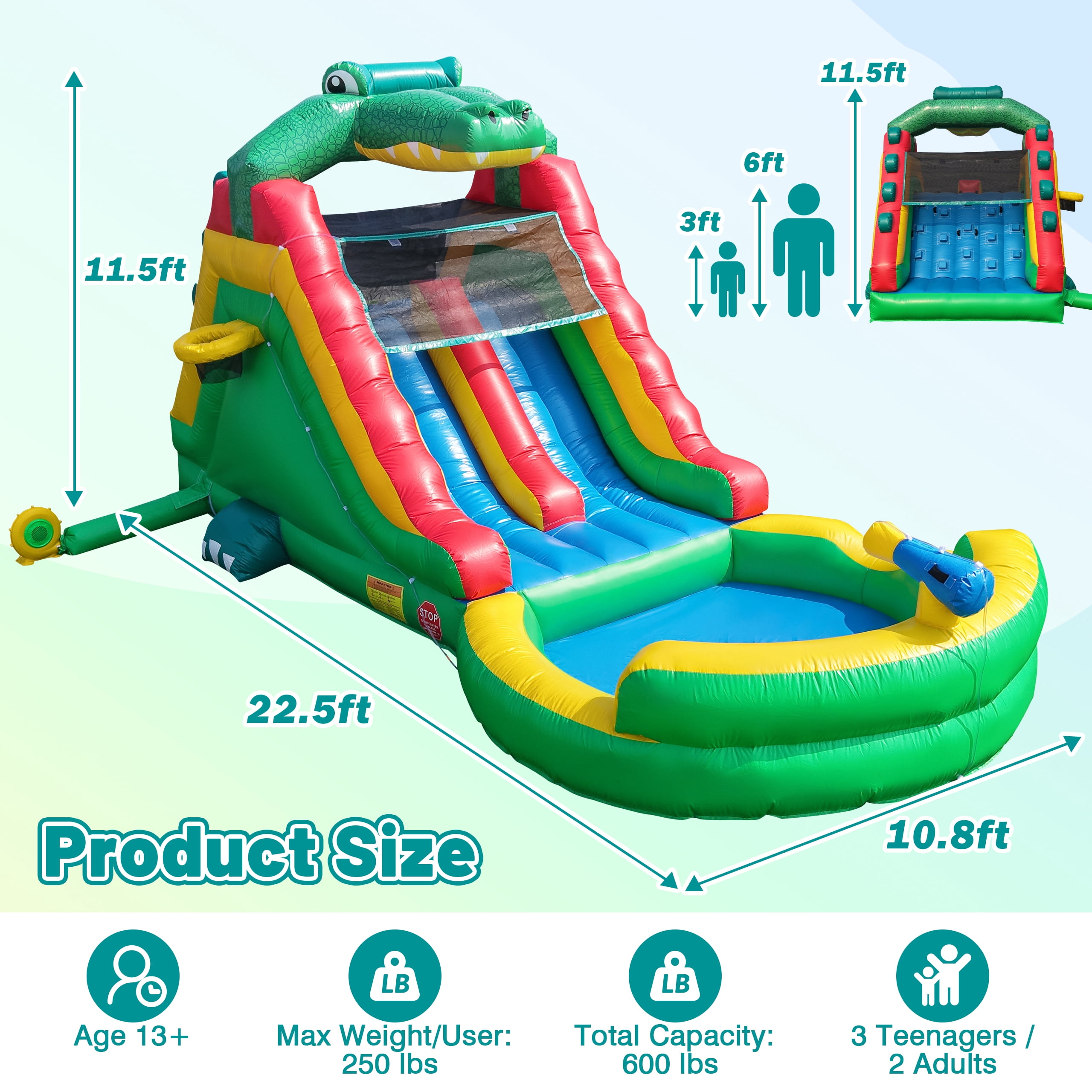 Inflatable Commercial Grade Water Slide: 22.5 ft (L) for Adults & Teenagers - Large Pool, Premium PVC, 1100W Blower, Crocodile Style - for Backyard Party Outdoor