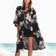 thumbnail image 4 of Rovga Womens Cover Ups For Swimwear Solid Color Floral Prints 3/4 Sleeve Long Flowy Kimono Cardigans Boho Chiffon Beach Cover Up Tops S Black, 4 of 8