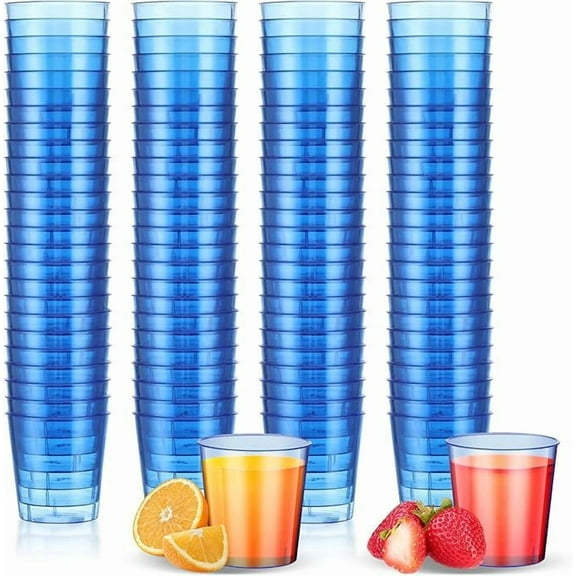 XmhyTop-A 100PCS Shot Glasses 1OZ Clear Small Plastic Cups, Disposable Mini Cups for Sampling/Jello Shots/Sauce,Blue