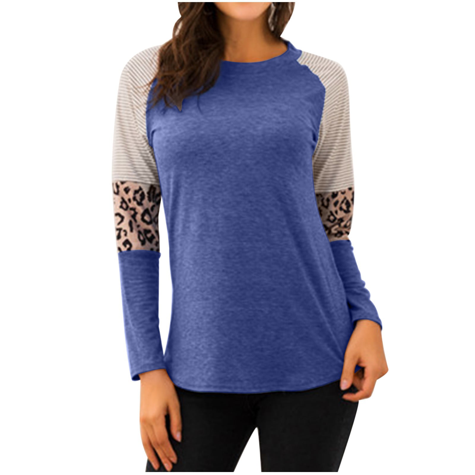 COBKK Womens Popular Tops Round-Neck Blouses & Shirts Womens Color Block  Pullover Leopard Print Sweatshirt Raglan Long Sleeve Loose Tunic Shirts Tops  Elegant Tops For Womens Trending Tops Navy L - Walmart.com