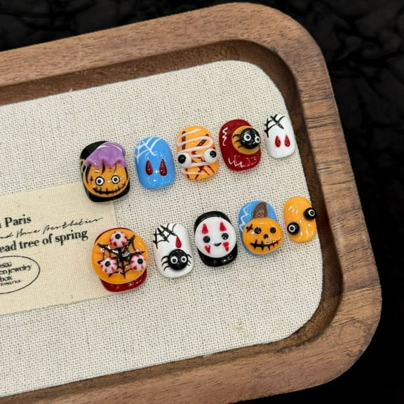 Halloween Short Square Press On Nails for Women Colorful Cartoon Design Glossy Finish Long Lasting French Tip