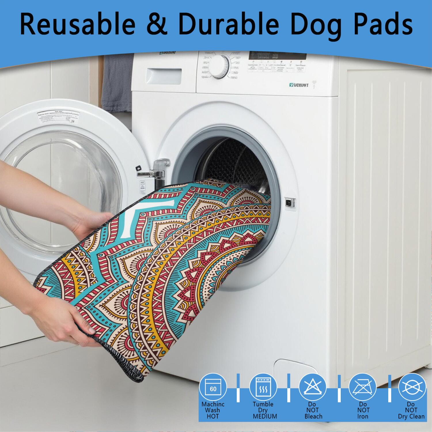 Washable Pee Pads for Small Dogs, 24" x35" Mandala Art, Reliable Potty Solution for Indoor Training, Strong Grip on Tile and Wood Floors.
