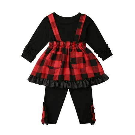 

Toddler Baby Girls Overall Skirt Cotton Outfits Set Long Sleeve T Shirts & Plaid Strap Skirt & Long Pant