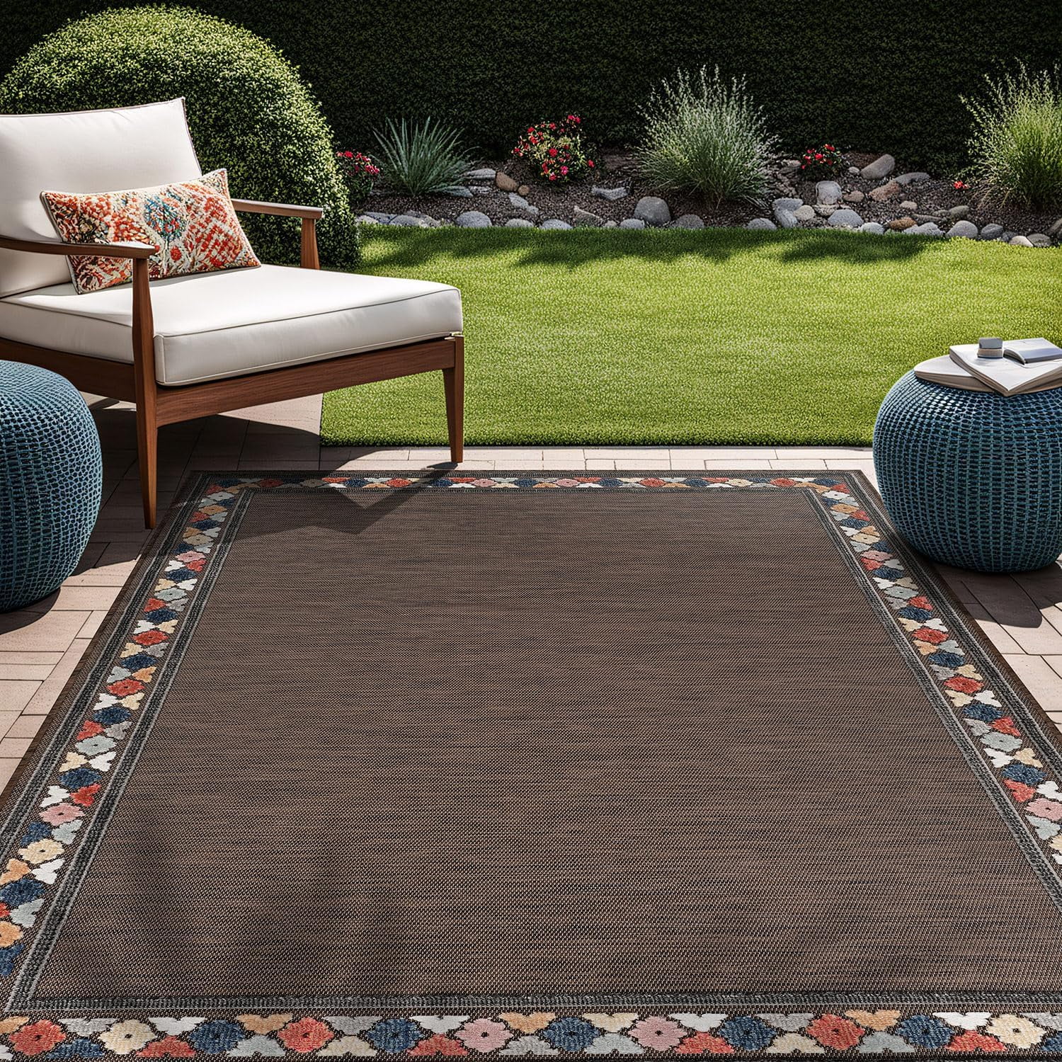 Beverly Rug Outdoor / Indoor Area Rugs Patio Porch Garden Carpet Bordered/Brown 5x7