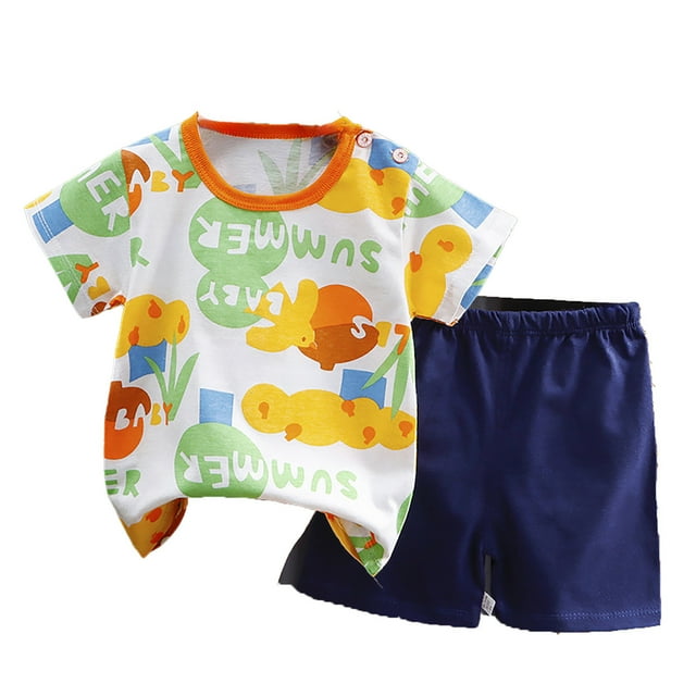Toddler Boys Summer Outfit Set Short Sleeve Tee and Shorts with Playful Cartoon Floral Print Designs