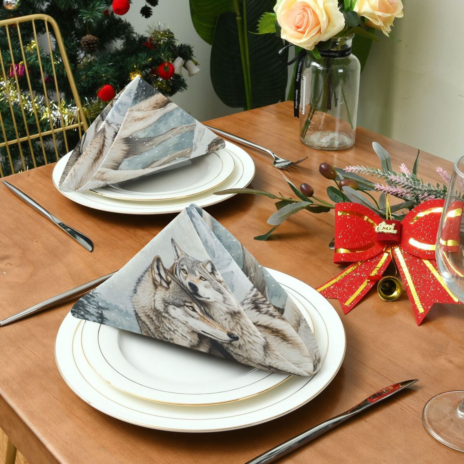 JSTEL 2 Wolves Snow Montain Cloth Napkins Set of 6, 20x20 Inch Washable and Reusable Napkin for Decoupage Dinner Party Everyday Use