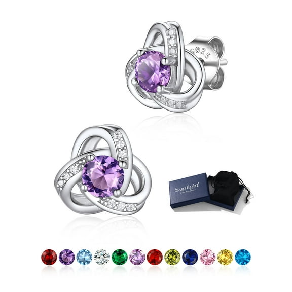 Suplight 925 Sterling Silver Love Shape Knot Birthstone Stud Earrings for Women Gifts Sparkle Round Cut