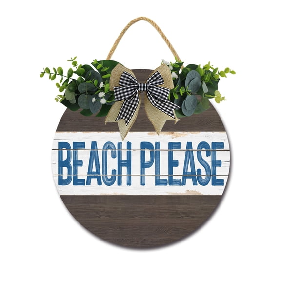 Eveokoki Beach Please Front Door Sign Funny Wreaths Hanging Wooden Plaque Decoration Round Rustic Wood Farmhouse Porch Decor for Home Front Door Decor, 12 x 12 Inch