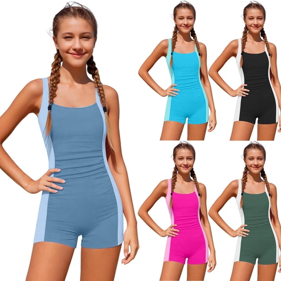 Miaoju Girls Swimsuit Ruffle Adjustable Straps One Piece Bathing Suit Solid Color Ruched Girls' Swimwear 9-16Y