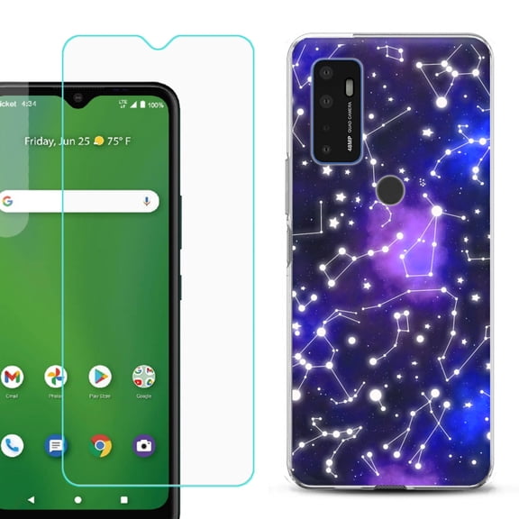 Slim-Fit Gel TPU Phone Case for Cricket Dream 5G, with Tempered Glass Screen Protector, by OneToughShield ® - Constellations
