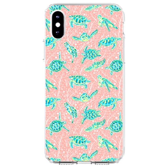 DistinctInk Clear Shockproof Hybrid Case for iPhone XR (6.1" Screen) - TPU Bumper, Acrylic Back, Tempered Glass Screen Protector - Preppy Pattern - Turtles on Pink Background