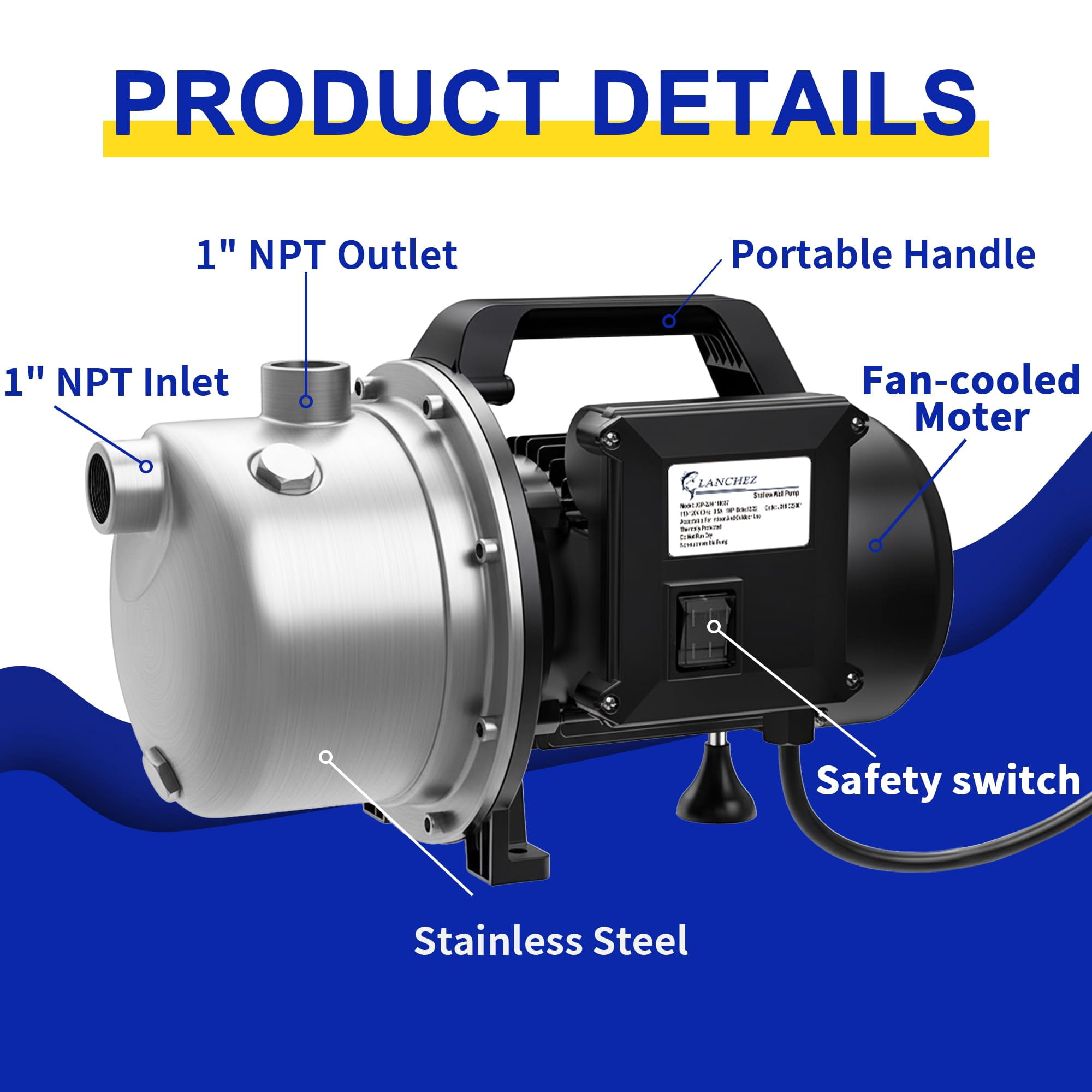 LANCHEZ 1 HP Shallow Well Pump, 115V Stainless Steel Water Transfer Irrigation Booster Jet Pump