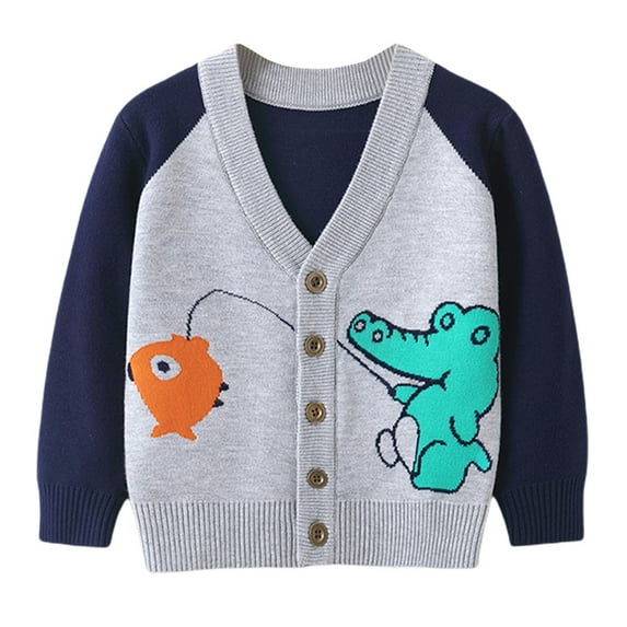 Boys Girls Long Sleeve Knitted Sweater Cardigan Kids Button-Down Printed Jacket 2-7T
