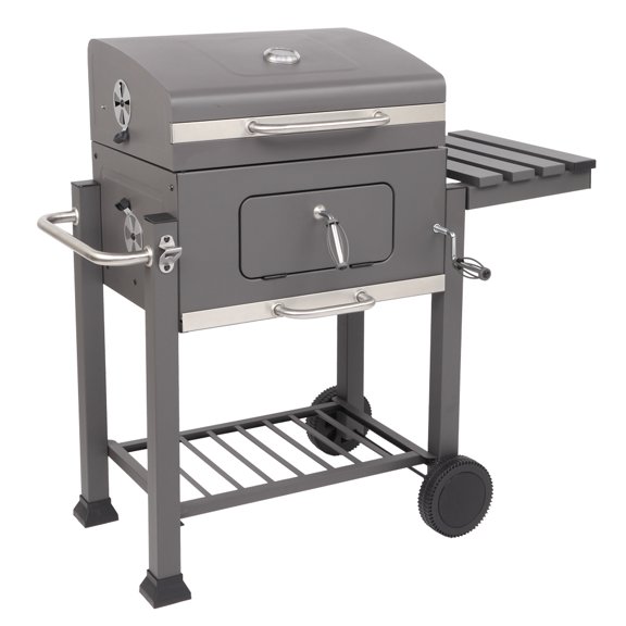 22.8'' Outdoor Charcoal Grill with 2 wheels, Portable BBQ Charcoal Grill with Bottom Shelf, BBQ Charcoal Grill w/Temperature Gauge and Enameled Grate, Cooking Grate for Steak Chicken, S9463