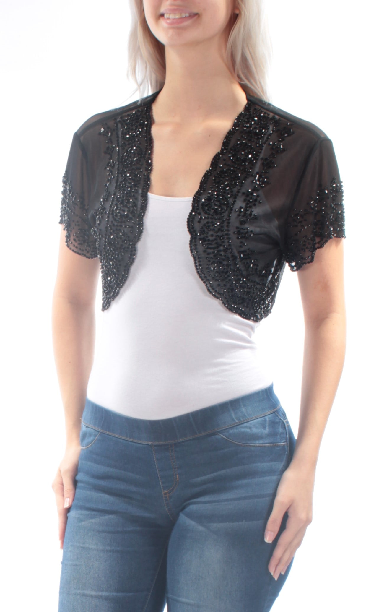 MSK MSK Womens Black Beaded Shrug Short Sleeve Open Evening Top Size