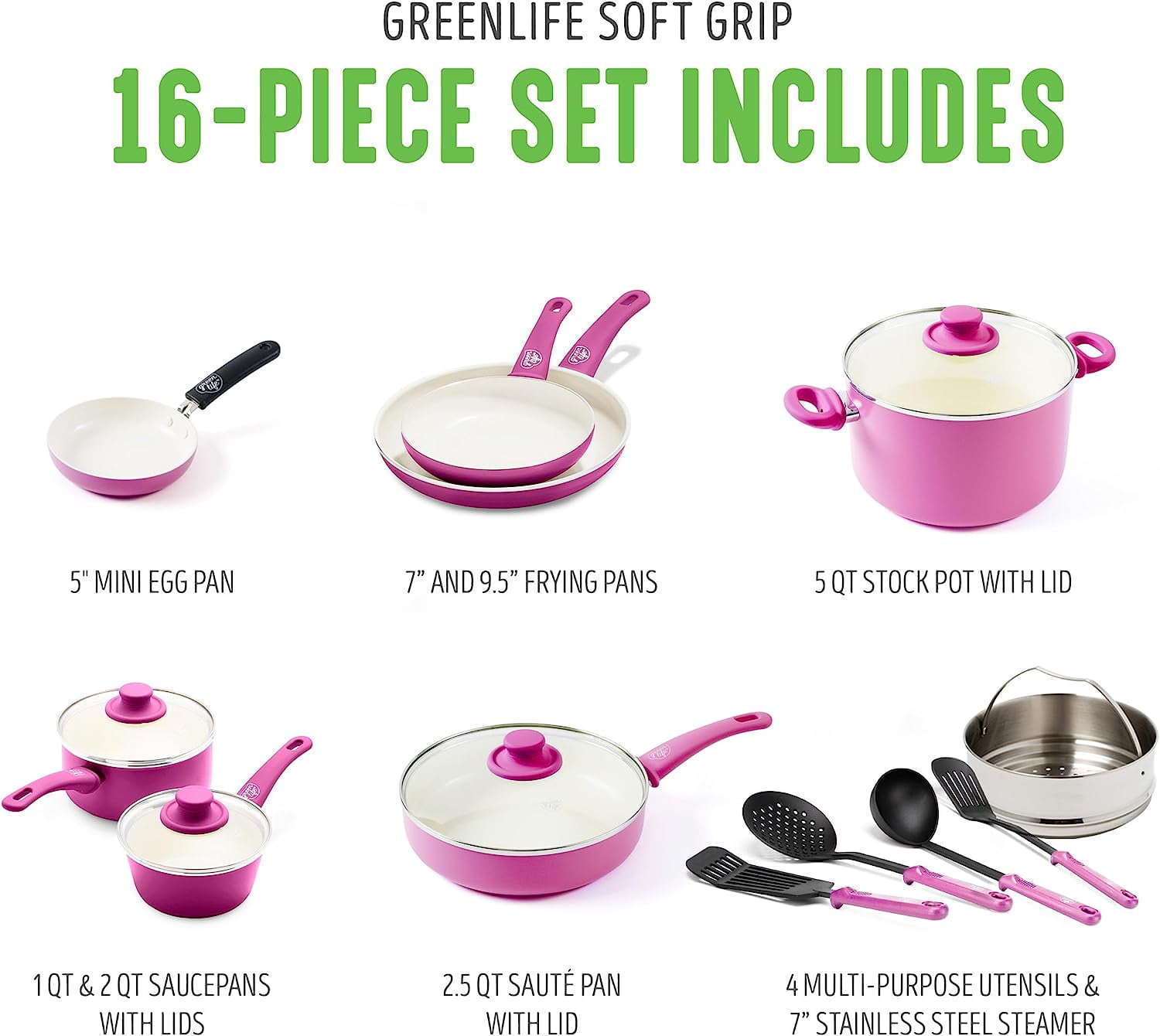 GreenLife Soft Grip Healthy Ceramic Nonstick Pink Saucepans with Lids, 1qt and 2QT,CC003169-001