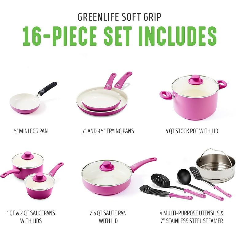 GreenLife Soft Grip Healthy Ceramic Nonstick Pink Cookware Pots and Pans Set, 12-Piece