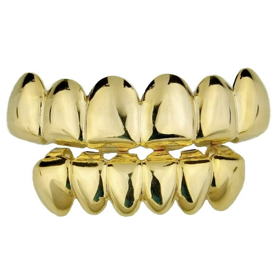 14k Gold Plated Grillz Set Deeper-Cut Grill 6 Top & Six Bottom Teeth Pre-Made Hip Hop Grills