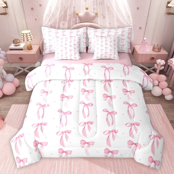 Homewish Cartoon Ribbon Bow Knot Twin Bedding Sets 7-Piece for Kids Children,Dreamy Princess Bedding Comforter Set Microfiber,Polka Dots Breathable Sheet Sets,Ultra Soft Home Decor,Reversible