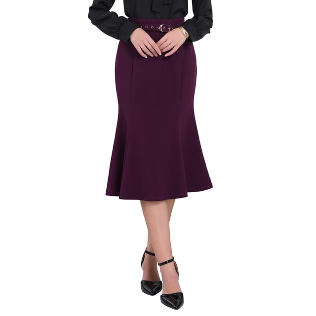 Falda de cola de pez elegante para mujer Inspire Chic, con cintura alta y cinturón, falda midi de sirena XL en púrpura