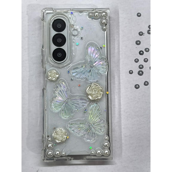 Compatible with Samsung Galaxy Z Fold 7 Case with Chain, Cute 3D Bling Crystal Clear Sparkle Butterfly Floral Pearl Women Girls Shockproof Phone Cover Soft Case with Wrist Strap for Z Fold 7