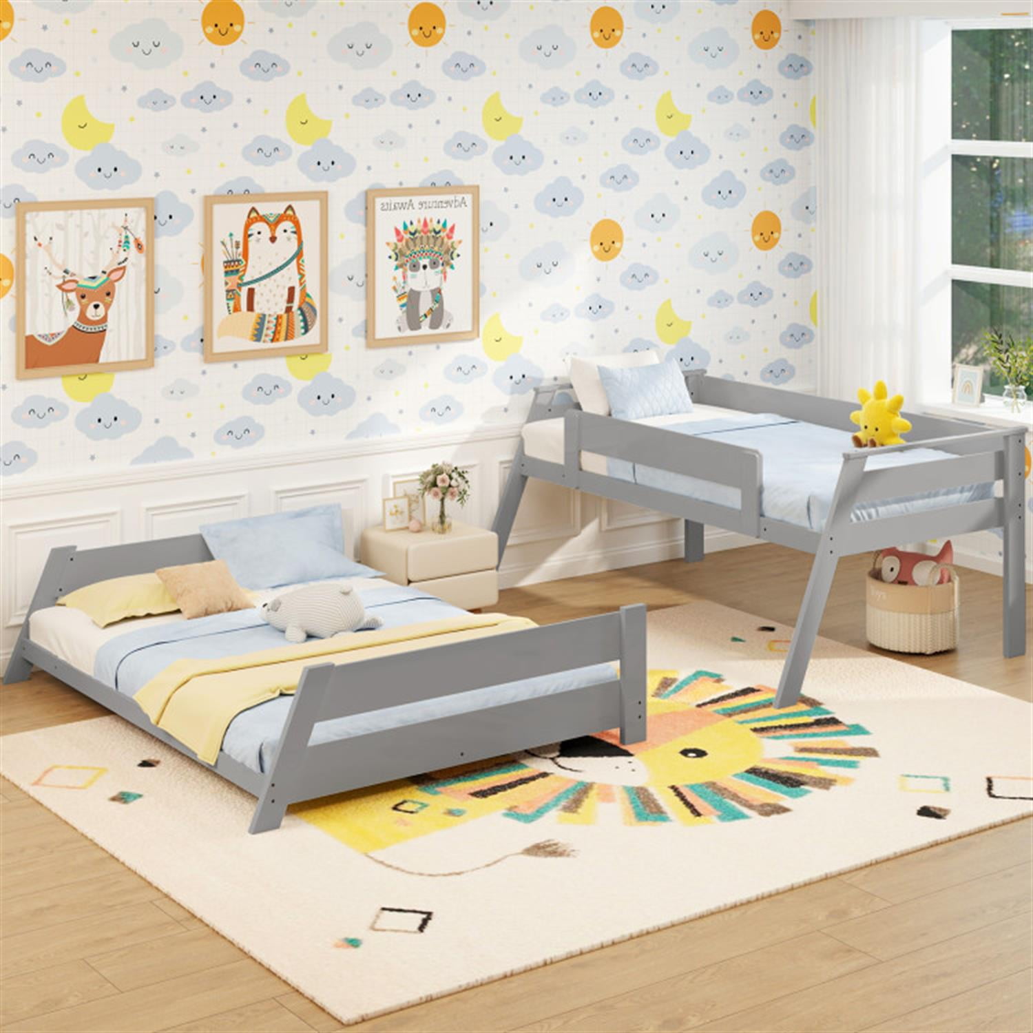 Demi Bonn Twin Over Full Low Bunk Bed with Reversible Ladder, Solid Wood Floor Bunkbeds Frame for Bedroom, No Box Spring Needed, Gray