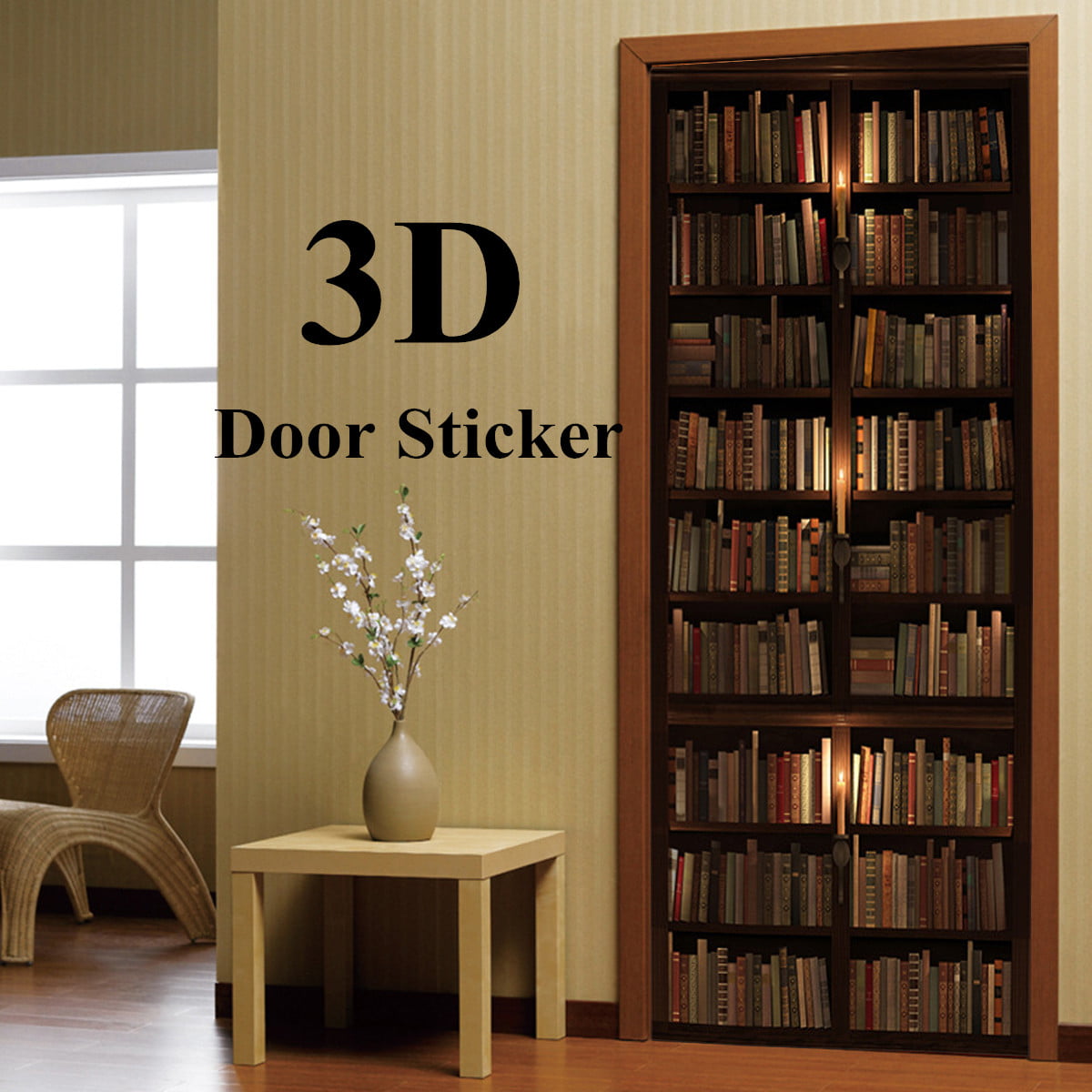 3D Door Stickers Decal Rustic Bookshelf Self Adhesive Mural Wallpaper