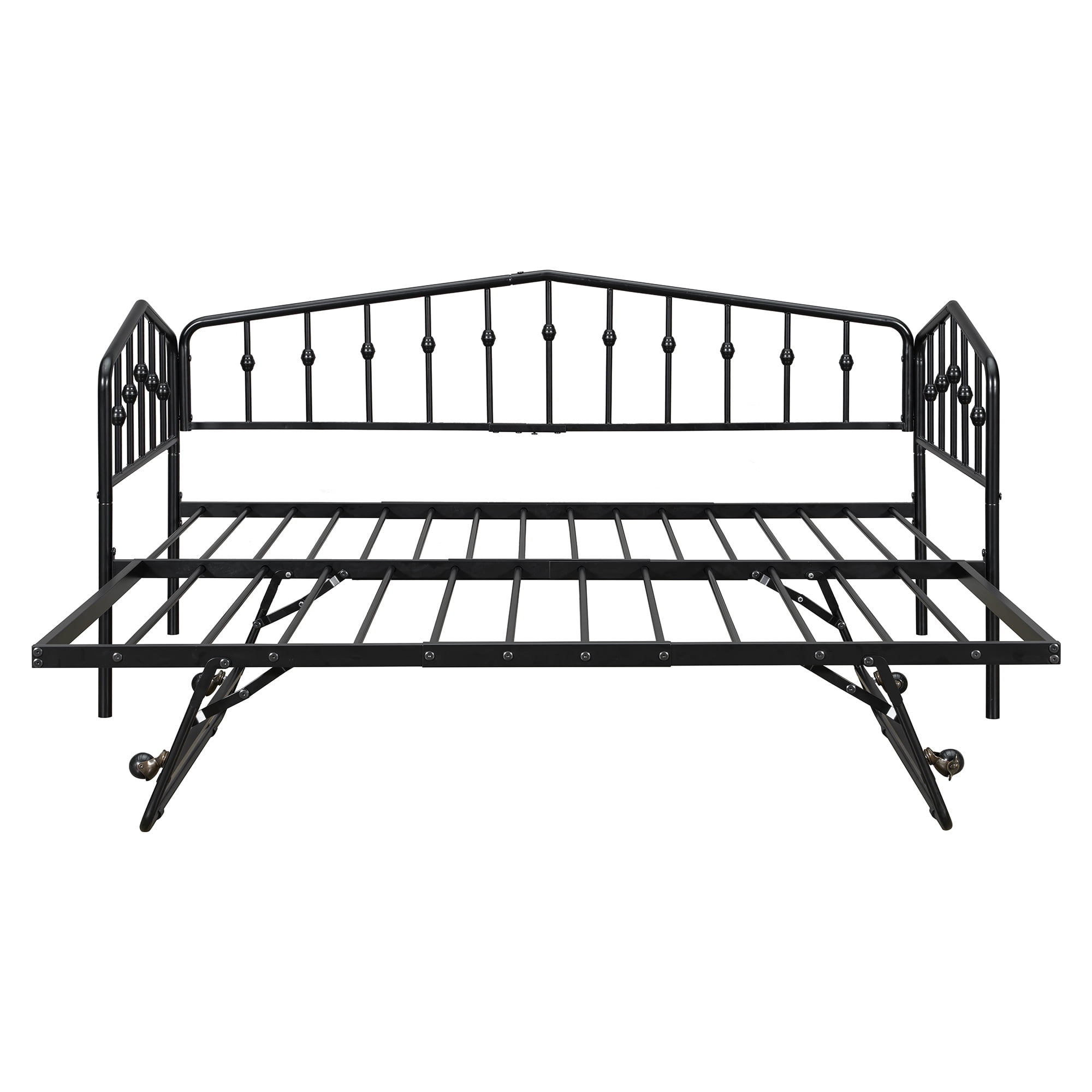 Twin Size Stylish Metal Daybed with Twin Size Adjustable Trundle, Portable Folding Trundle, Black