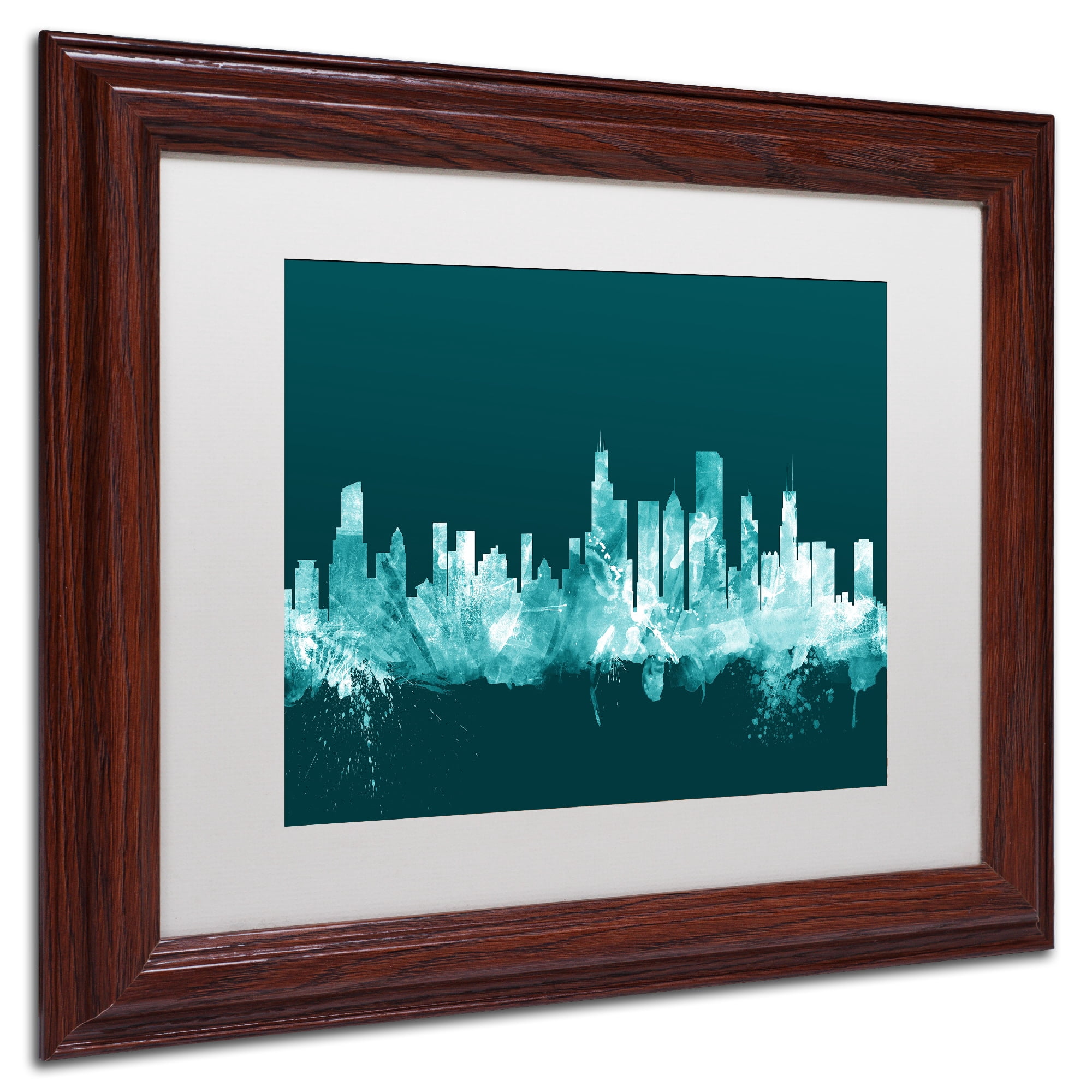 Trademark Fine Art "Chicago Illinois Skyline Teal" Canvas Art by Michael Tompsett, White Matte, Wood Frame