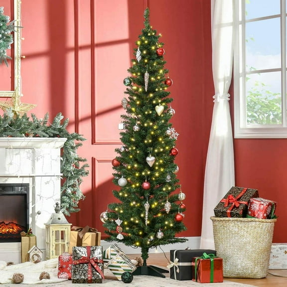 Yardi Yarda 6' Tall Pre-Lit Slim Noble Fir Artificial Pencil Christmas Tree with 200 Warm White LED Lights and 390 Tips, Holiday Decorative Artificial Christmas Tree, Green
